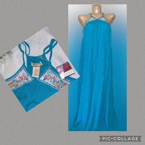 Flying tomato women’s dress maxi Large haute hippie boho blue embroider design